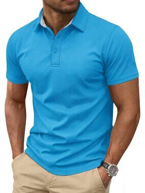 Men's Azure Cotton Pique Polo Shirt Short Sleeve 3 Button Classic Fit Golf